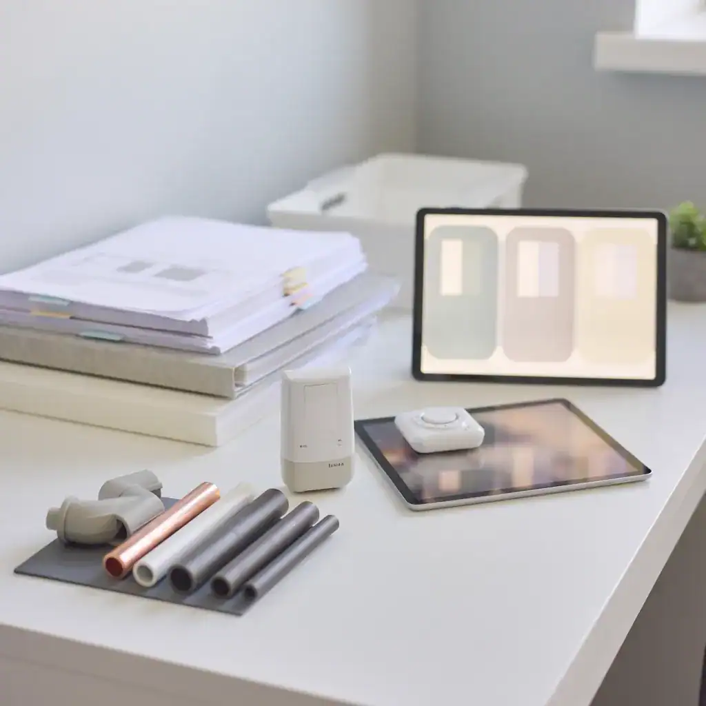 Tablette et documents empilés sur un bureau blanc avec accessoires.